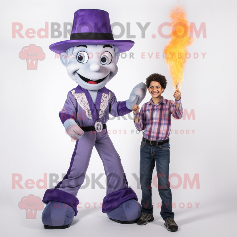 Lavender Fire Eater mascot costume character dressed with a Bootcut Jeans and Suspenders