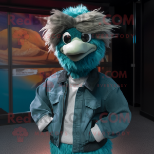 Teal Emu mascot costume character dressed with a Jacket and Belts