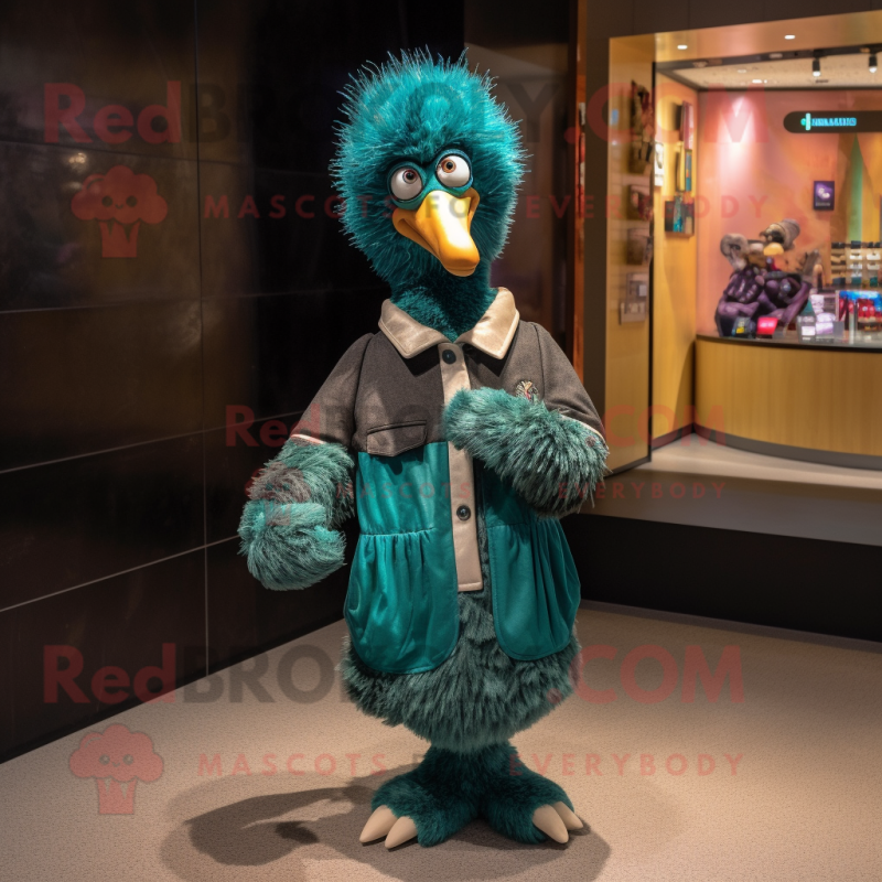 Teal Emu mascot costume character dressed with a Jacket and Belts