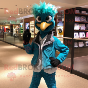 Teal Emu mascot costume character dressed with a Jacket and Belts