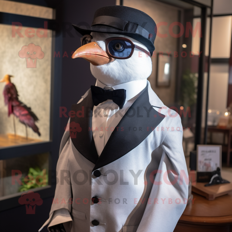 White Passenger Pigeon mascot costume character dressed with a Tuxedo and Eyeglasses