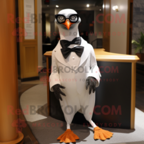 White Passenger Pigeon mascot costume character dressed with a Tuxedo and Eyeglasses