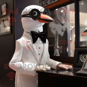 White Passenger Pigeon mascot costume character dressed with a Tuxedo and Eyeglasses