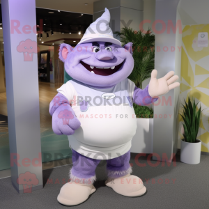 Lavender Ogre mascot costume character dressed with a Capri Pants and Hat pins