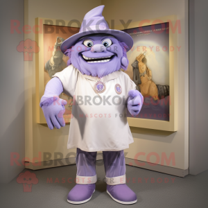 Lavender Ogre mascot costume character dressed with a Capri Pants and Hat pins