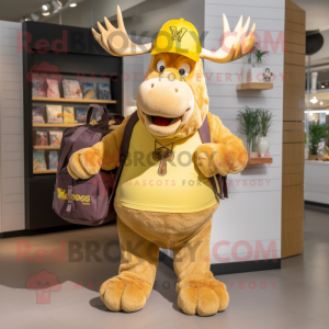 Gold Moose mascot costume character dressed with a Polo Shirt and Backpacks