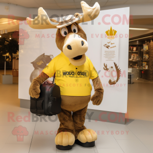 Gold Moose mascot costume character dressed with a Polo Shirt and Backpacks