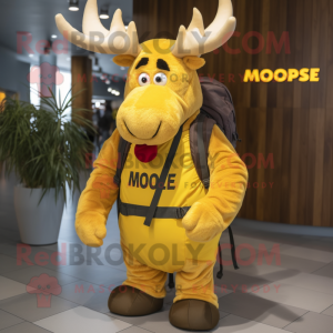 Gold Moose mascot costume character dressed with a Polo Shirt and Backpacks