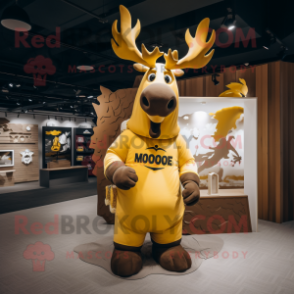 Gold Moose mascot costume character dressed with a Polo Shirt and Backpacks