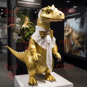 Gold Iguanodon mascot costume character dressed with a Dress and Scarf clips