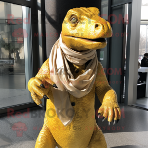 Gold Iguanodon mascot costume character dressed with a Dress and Scarf clips