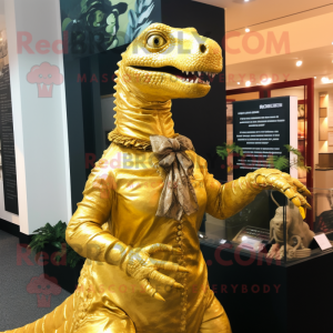 Gold Iguanodon mascot costume character dressed with a Dress and Scarf clips
