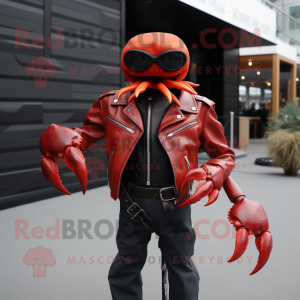 Red Crab mascot costume character dressed with a Biker Jacket and Suspenders