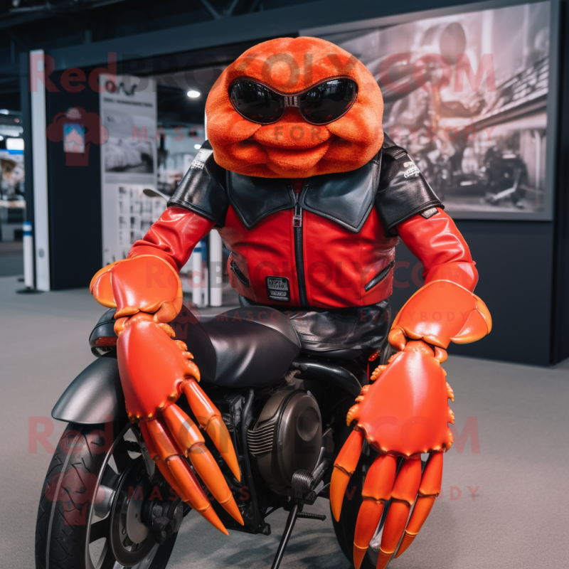 Red Crab mascot costume character dressed with a Biker Jacket and Suspenders Red Crab mascot costume character dressed with a Biker Jacket and Suspenders