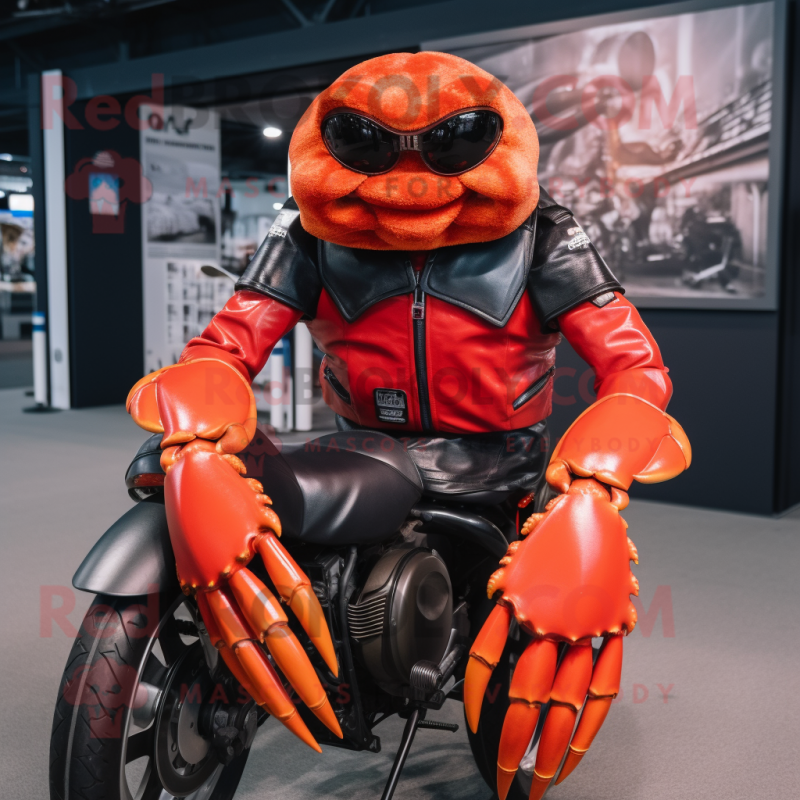 Red Crab mascot costume character dressed with a Biker Jacket and Suspenders