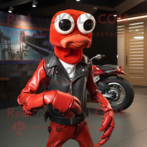 Red Crab mascot costume character dressed with a Biker Jacket and Suspenders