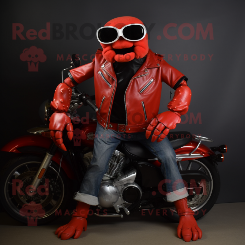 Red Crab mascot costume character dressed with a Biker Jacket and Suspenders