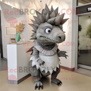 Gray Stegosaurus mascot costume character dressed with a Skirt and Tie pins