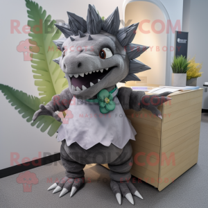 Gray Stegosaurus mascot costume character dressed with a Skirt and Tie pins