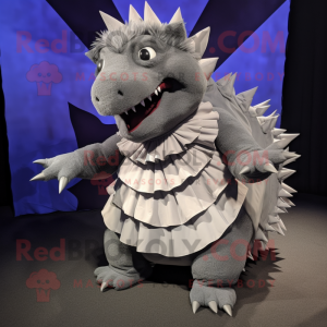 Gray Stegosaurus mascot costume character dressed with a Skirt and Tie pins