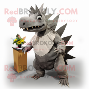 Gray Stegosaurus mascot costume character dressed with a Skirt and Tie pins