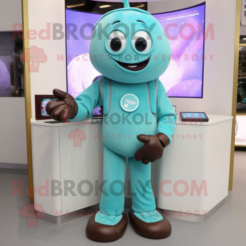 Turquoise Chocolates mascot costume character dressed with a Henley Tee and Digital watches Turquoise Chocolates mascot costume character dressed with a Henley Tee and Digital watches