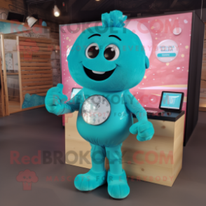 Turquoise Chocolates mascot costume character dressed with a Henley Tee and Digital watches
