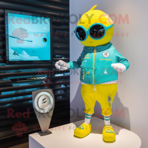 Turquoise Canary mascot costume character dressed with a One-Piece Swimsuit and Digital watches