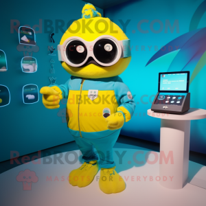 Turquoise Canary mascot costume character dressed with a One-Piece Swimsuit and Digital watches