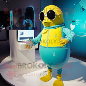 Turquoise Canary mascot costume character dressed with a One-Piece Swimsuit and Digital watches