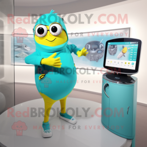 Turquoise Canary mascot costume character dressed with a One-Piece Swimsuit and Digital watches