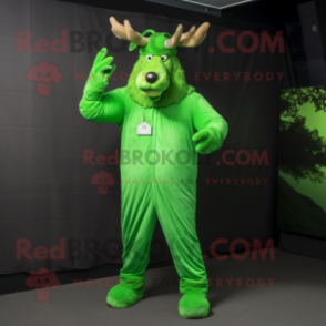 Lime Green Irish Elk mascot costume character dressed with a Jumpsuit and Gloves