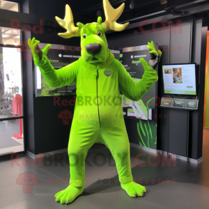 Lime Green Irish Elk mascot costume character dressed with a Jumpsuit and Gloves