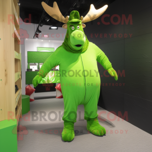 Lime Green Irish Elk mascot costume character dressed with a Jumpsuit and Gloves