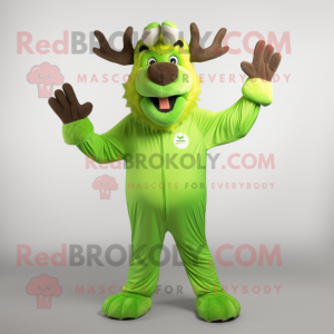 Lime Green Irish Elk mascot costume character dressed with a Jumpsuit and Gloves