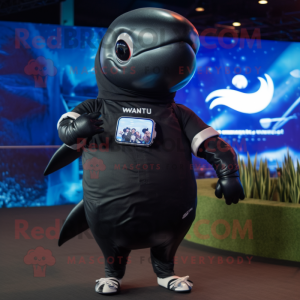 Black Humpback Whale mascot costume character dressed with a T-Shirt and Smartwatches