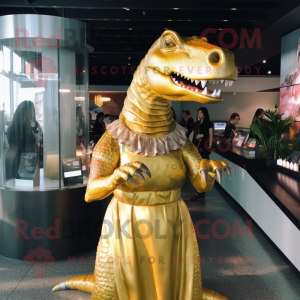 Gold Iguanodon mascot costume character dressed with a Midi Dress and Earrings