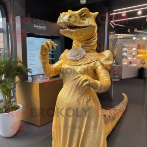 Gold Iguanodon mascot costume character dressed with a Midi Dress and Earrings