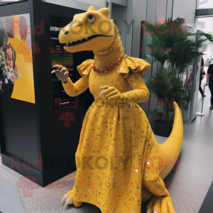 Gold Iguanodon mascot costume character dressed with a Midi Dress and Earrings