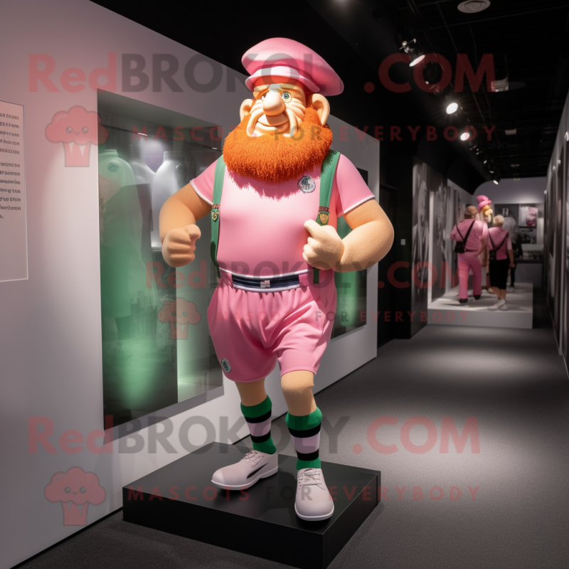 Pink Leprechaun mascot costume character dressed with a Running Shorts and Suspenders