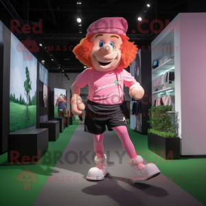 Pink Leprechaun mascot costume character dressed with a Running Shorts and Suspenders