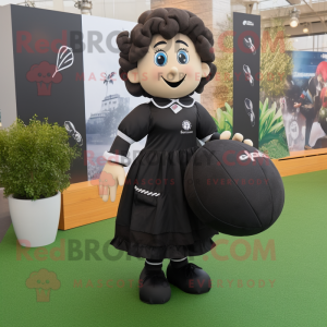 Black Rugby Ball mascot costume character dressed with a Dress and Tote bags
