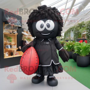 Black Rugby Ball mascot costume character dressed with a Dress and Tote bags