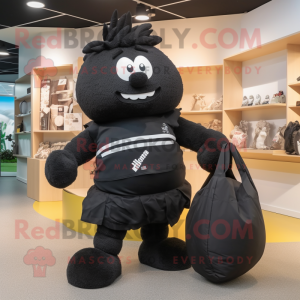 Black Rugby Ball mascot costume character dressed with a Dress and Tote bags