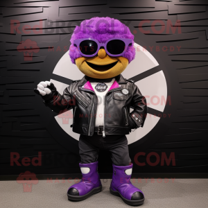 Lavender Beef Wellington mascot costume character dressed with a Biker Jacket and Bracelet watches