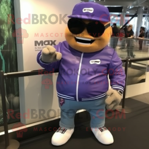 Lavender Beef Wellington mascot costume character dressed with a Biker Jacket and Bracelet watches