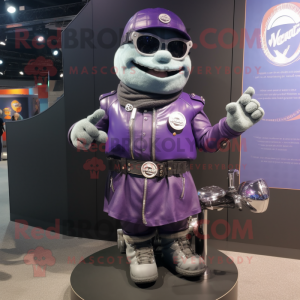 Lavender Beef Wellington mascot costume character dressed with a Biker Jacket and Bracelet watches