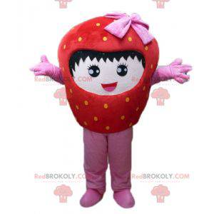 Mascota de fresa roja y rosa gigante sonriendo - Redbrokoly.com