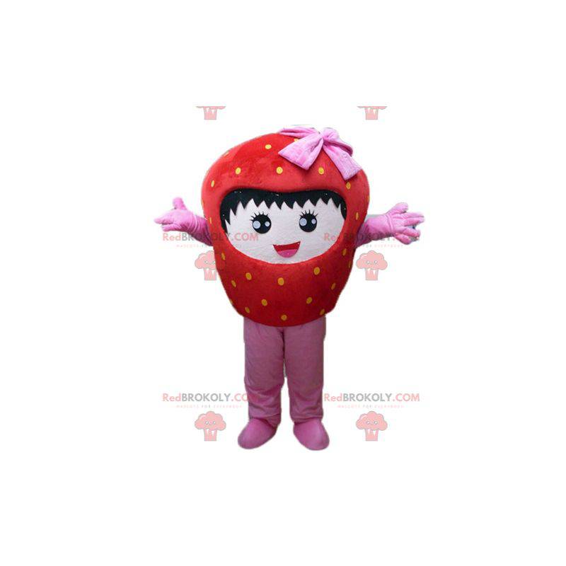 Mascote gigante de morango vermelho e rosa sorrindo -