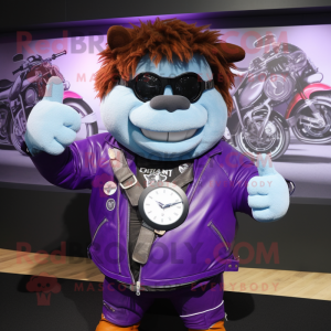 Lavender Beef Wellington mascot costume character dressed with a Biker Jacket and Bracelet watches